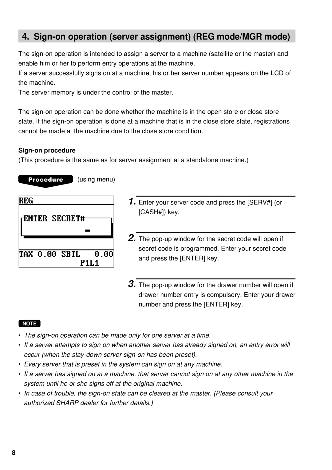 Sharp UP-700, UP-600 instruction manual Sign-on operation server assignment REG mode/MGR mode, Sign-on procedure 