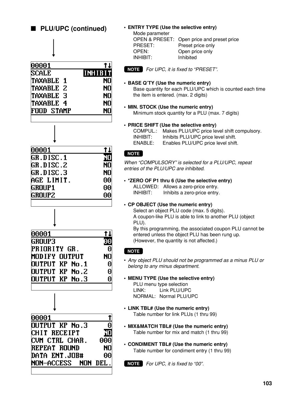 Sharp UP-600 Plu/Upc, Base Q’TY Use the numeric entry, MIN. Stock Use the numeric entry, Menu Type Use the selective entry 