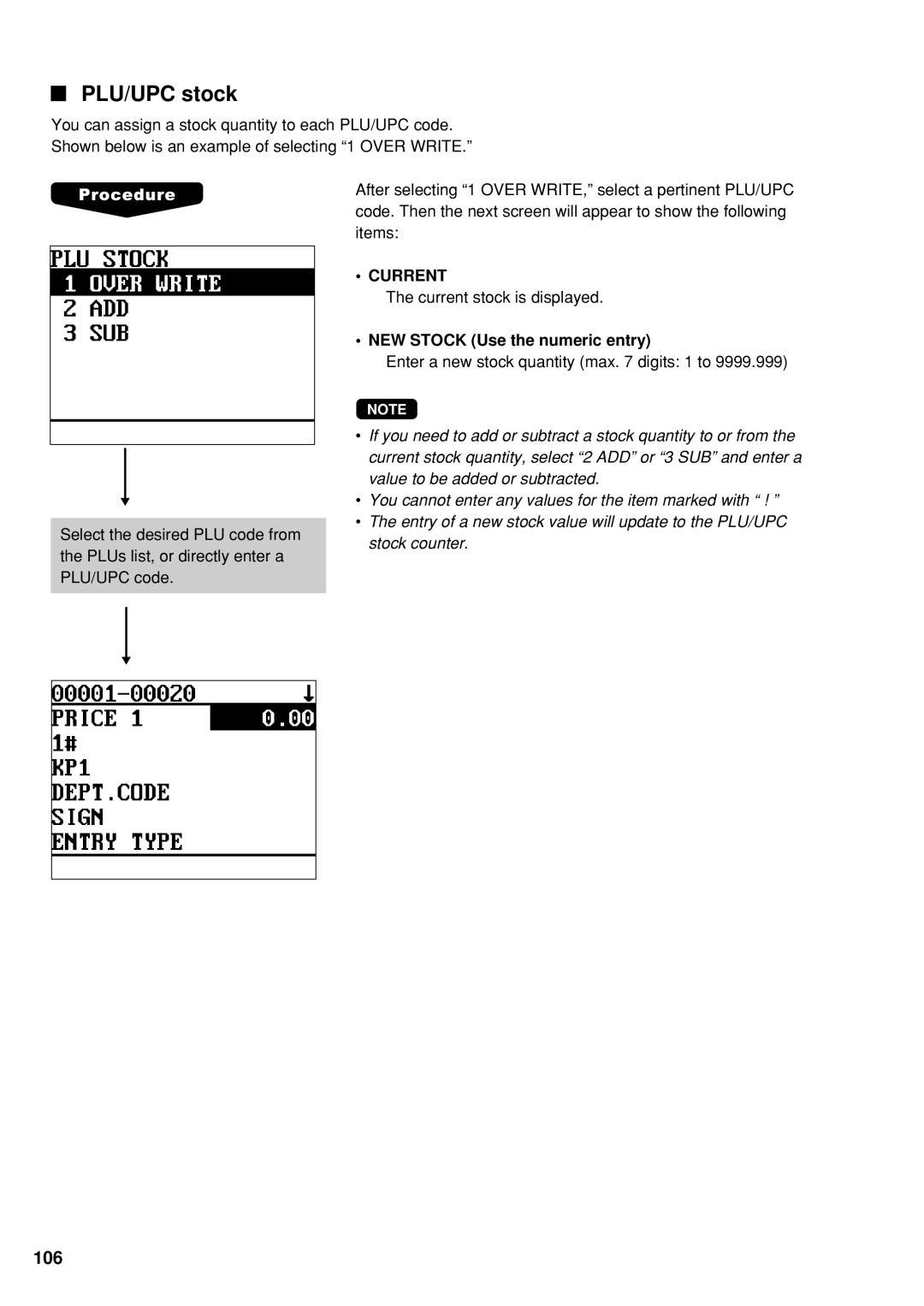 Sharp UP-600 instruction manual PLU/UPC stock, NEW Stock Use the numeric entry 