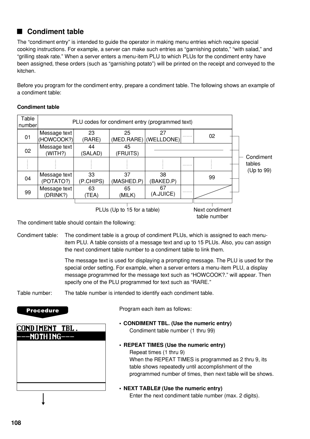 Sharp UP-600 instruction manual Condiment table, Next TABLE# Use the numeric entry 