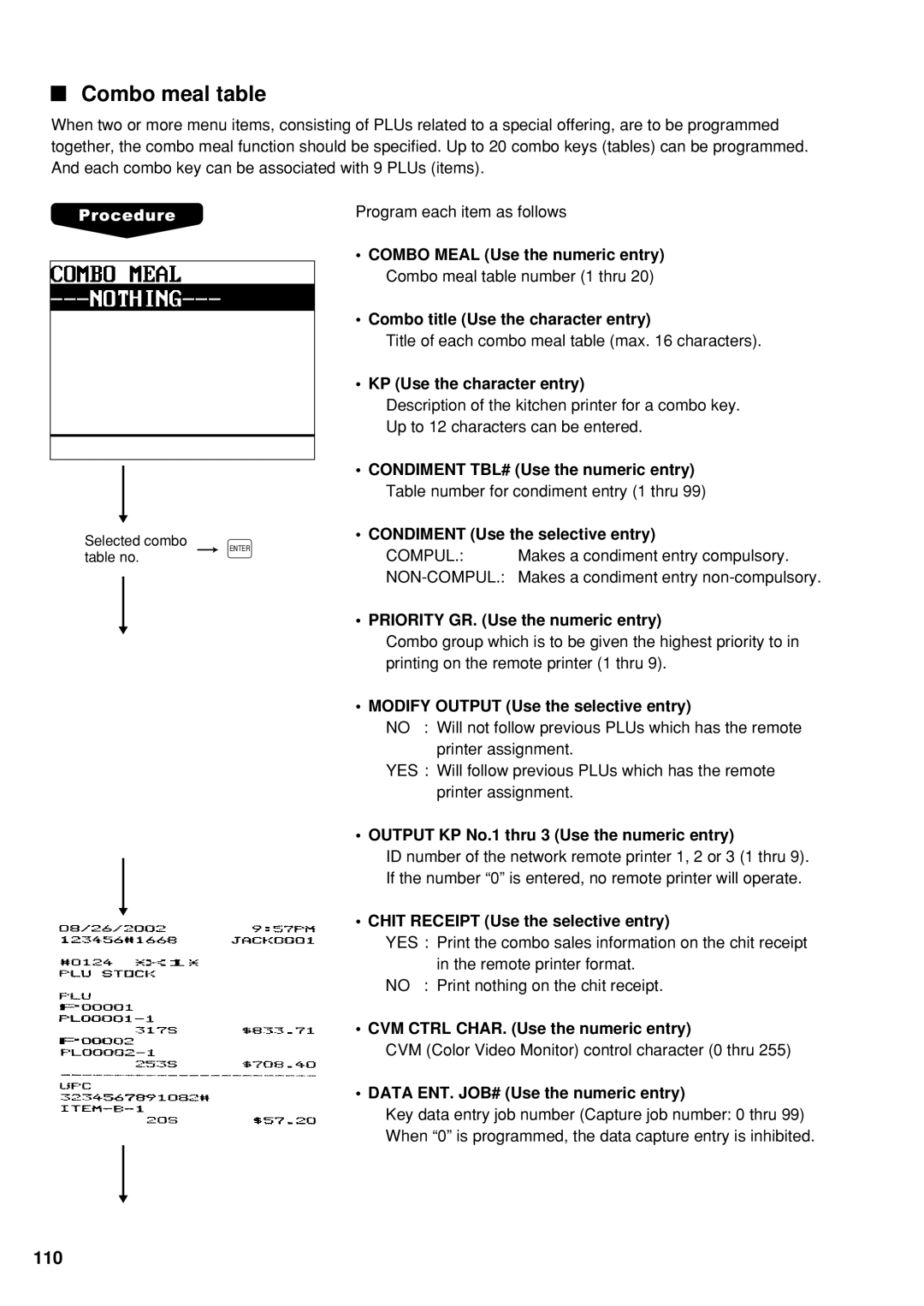 Sharp UP-600 instruction manual Combo meal table, KP Use the character entry 