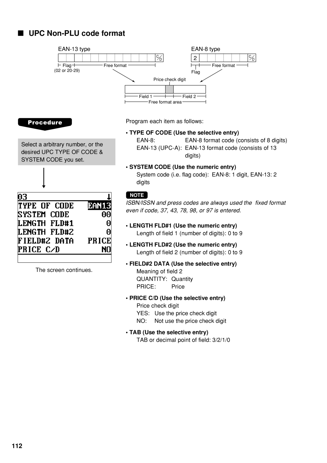 Sharp UP-600 UPC Non-PLU code format, Type of Code Use the selective entry, System Code Use the numeric entry 