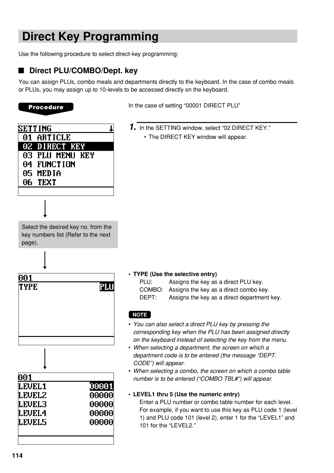 Sharp UP-600 instruction manual Direct Key Programming, Direct PLU/COMBO/Dept. key, Type Use the selective entry, Combo 