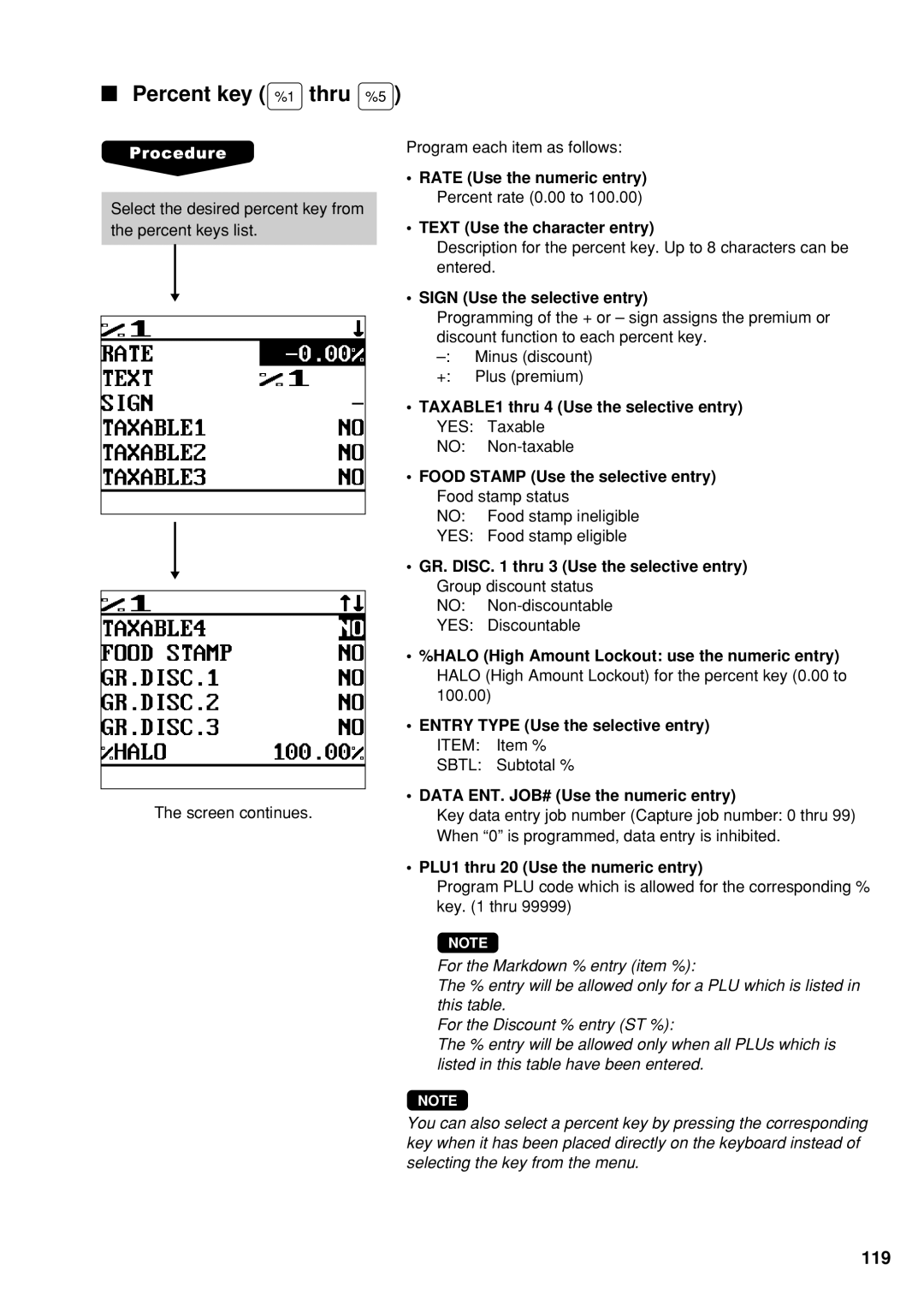 Sharp UP-600 instruction manual Percent key %1 thru %5 