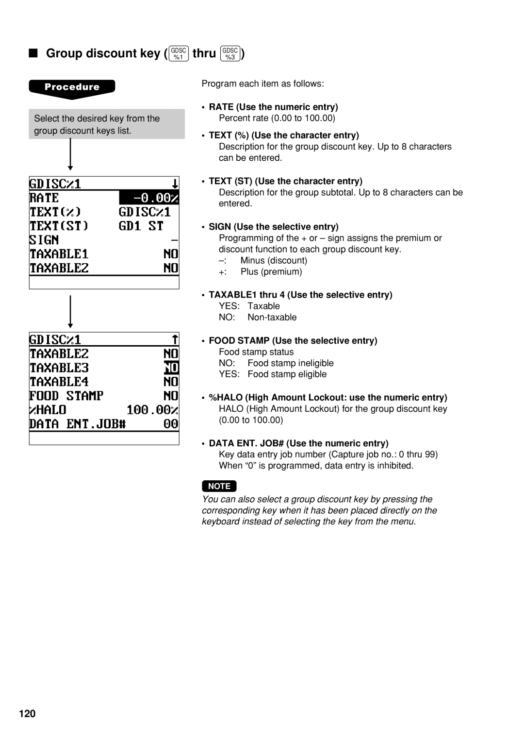 Sharp UP-600 instruction manual Group discount key GDSC%1, Thru GDSC%3, Text ST Use the character entry 