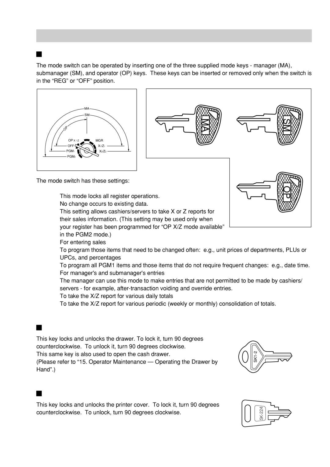 Sharp UP-600 instruction manual Keys and Switches, Mode switch and mode keys, Drawer lock key, Printer cover lock key 