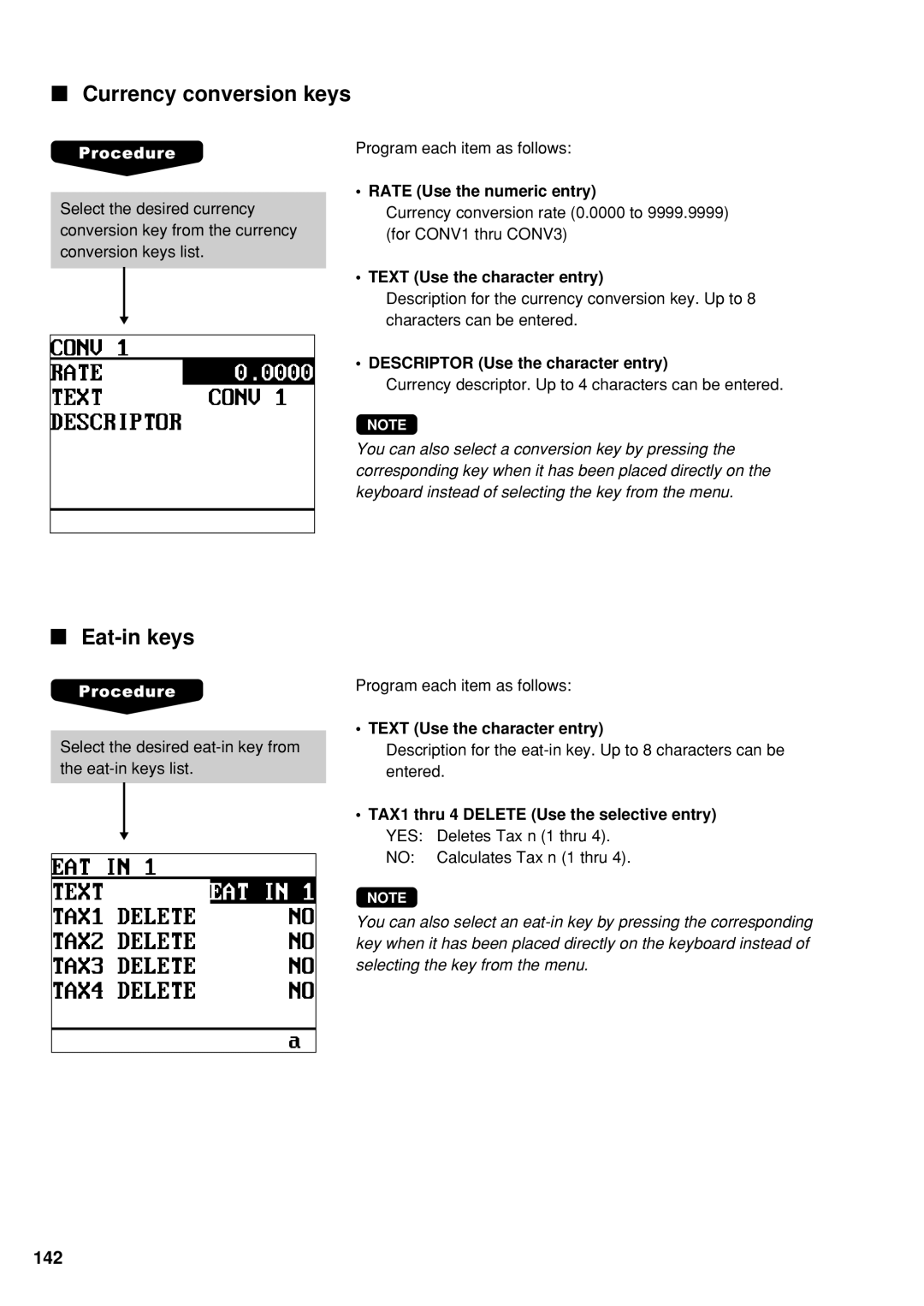 Sharp UP-600 Currency conversion keys, Eat-in keys, Rate Use the numeric entry, Descriptor Use the character entry 