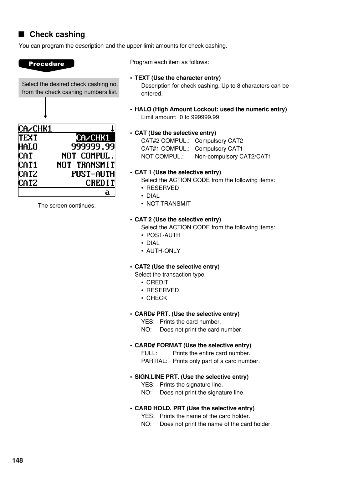 Sharp UP-600 instruction manual Check cashing, CAT 1 Use the selective entry 