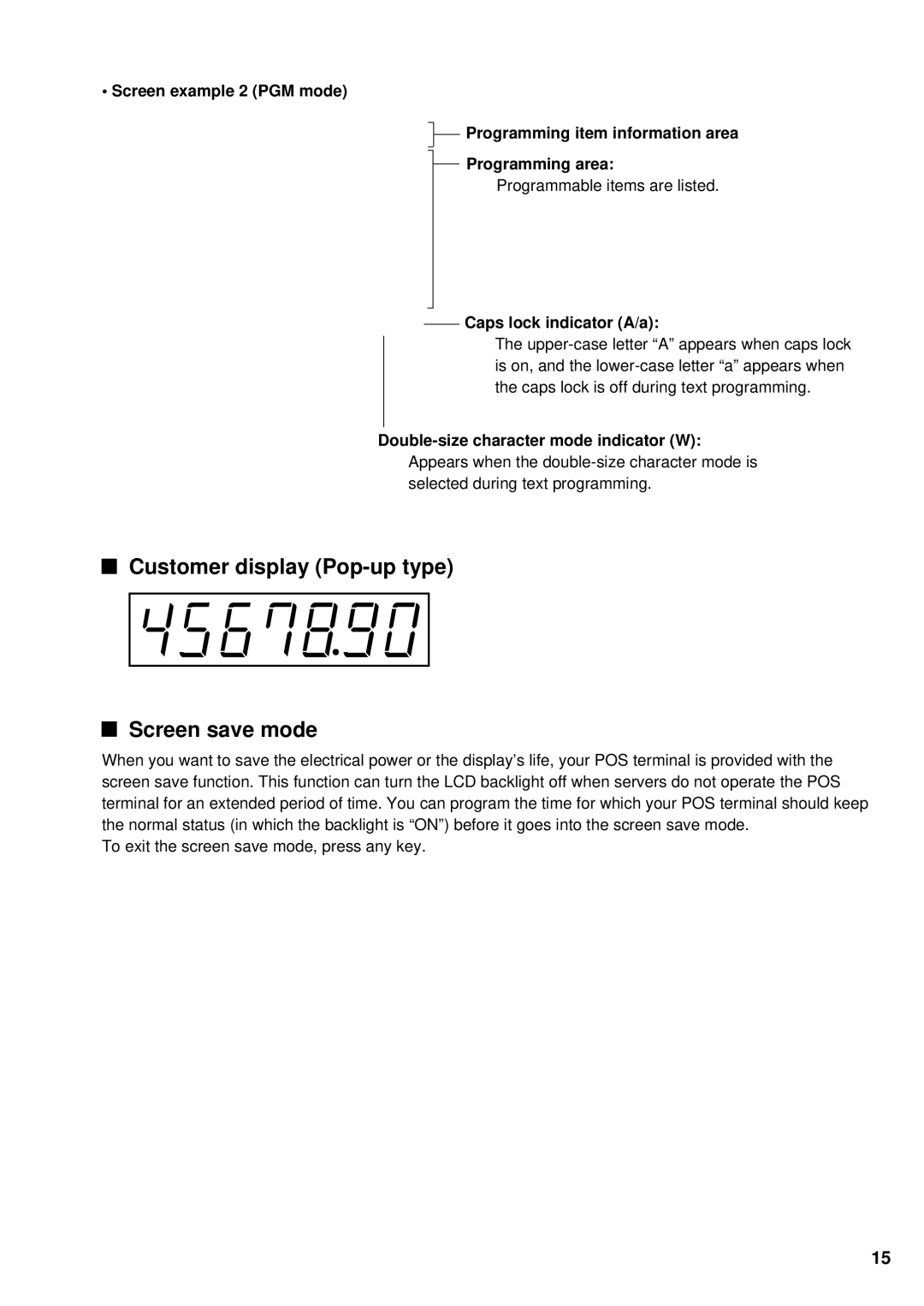 Sharp UP-600 instruction manual Customer display Pop-up type Screen save mode, Caps lock indicator A/a 