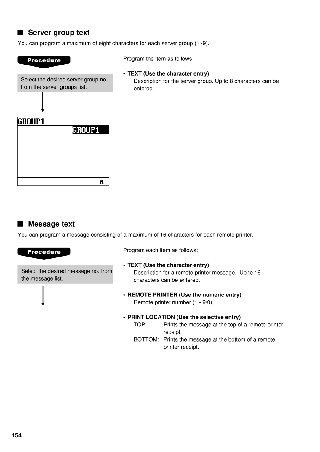 Sharp UP-600 instruction manual Server group text, Message text, Top, Bottom 