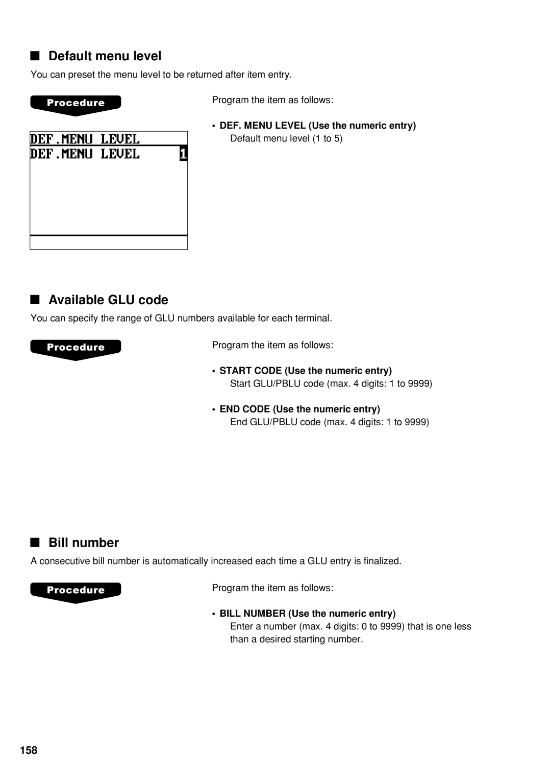 Sharp UP-600 instruction manual Default menu level, Available GLU code, Bill number 