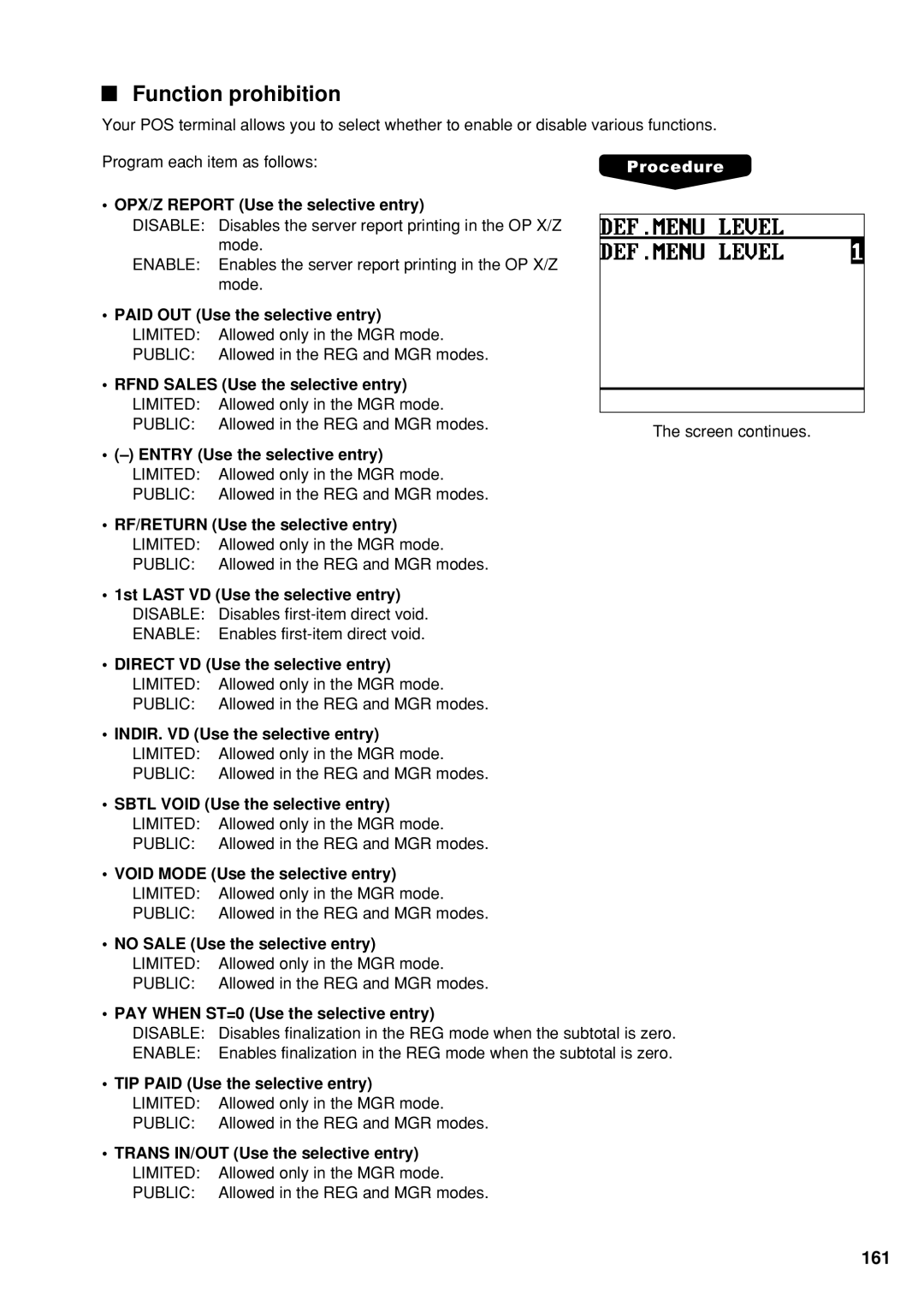 Sharp UP-600 instruction manual Function prohibition, OPX/Z Report Use the selective entry, Limited, Public 