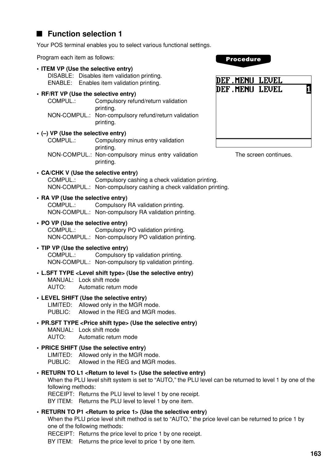 Sharp UP-600 instruction manual Function selection 