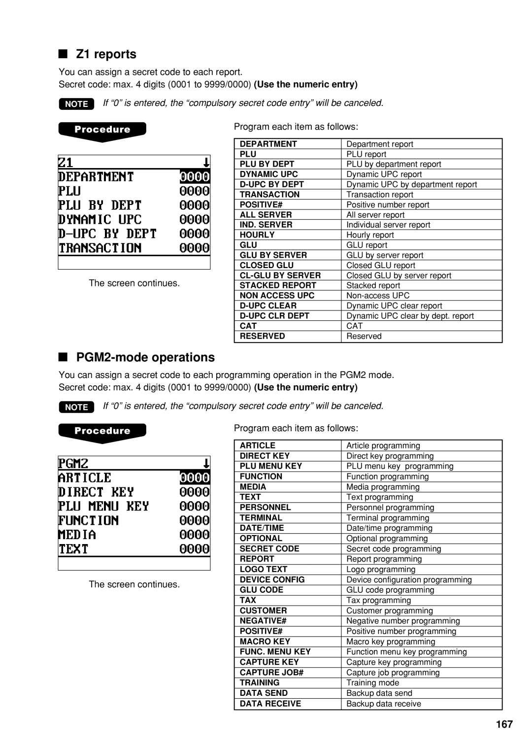 Sharp UP-600 instruction manual Z1 reports, PGM2-mode operations, Screen continues 