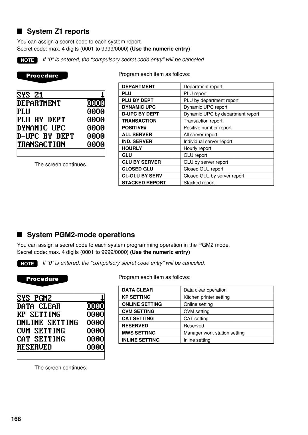 Sharp UP-600 instruction manual System Z1 reports, System PGM2-mode operations 