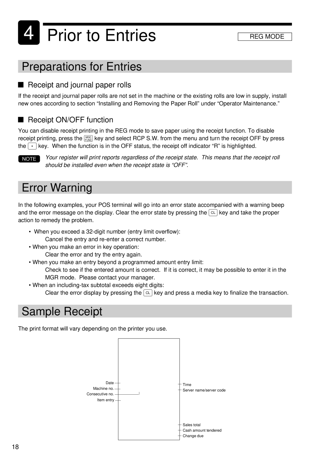 Sharp UP-600 instruction manual Preparations for Entries, Error Warning, Sample Receipt, Receipt and journal paper rolls 