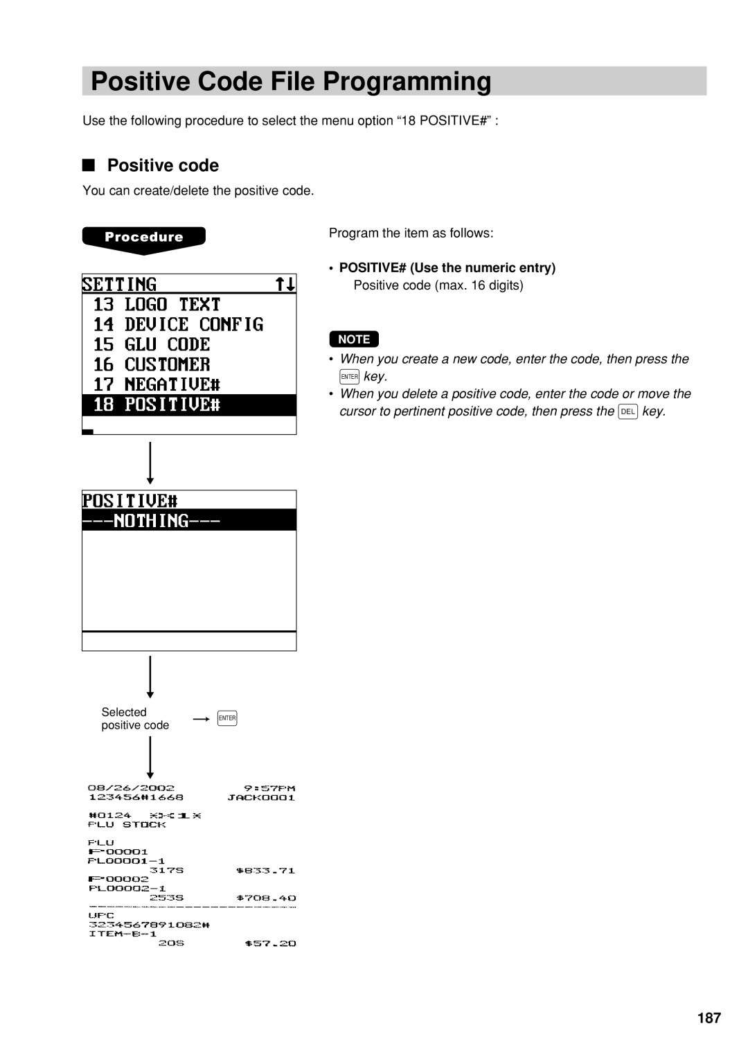 Sharp UP-600 Positive Code File Programming, POSITIVE# Use the numeric entry Positive code max digits 