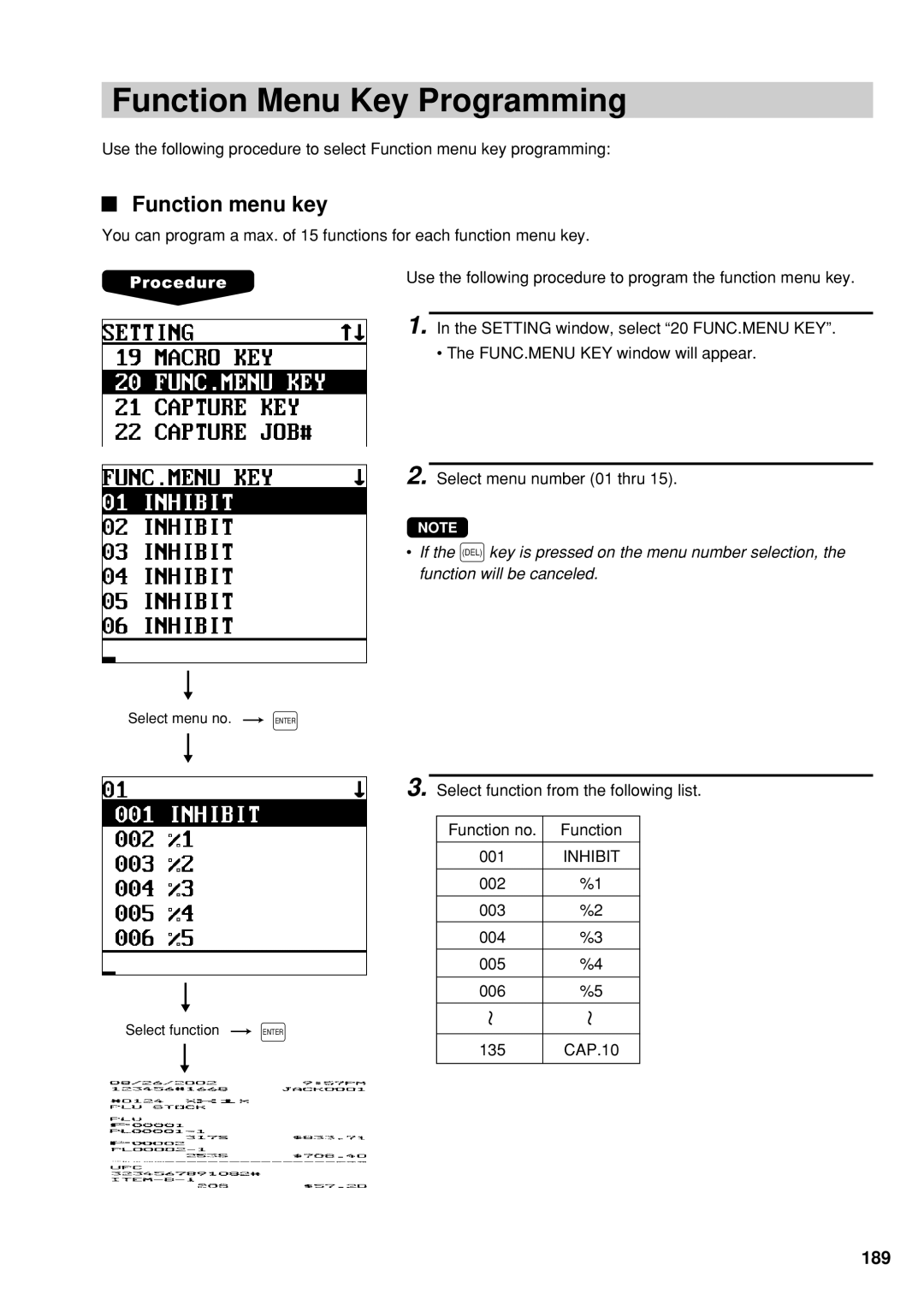 Sharp UP-600 instruction manual Function Menu Key Programming, Function menu key 