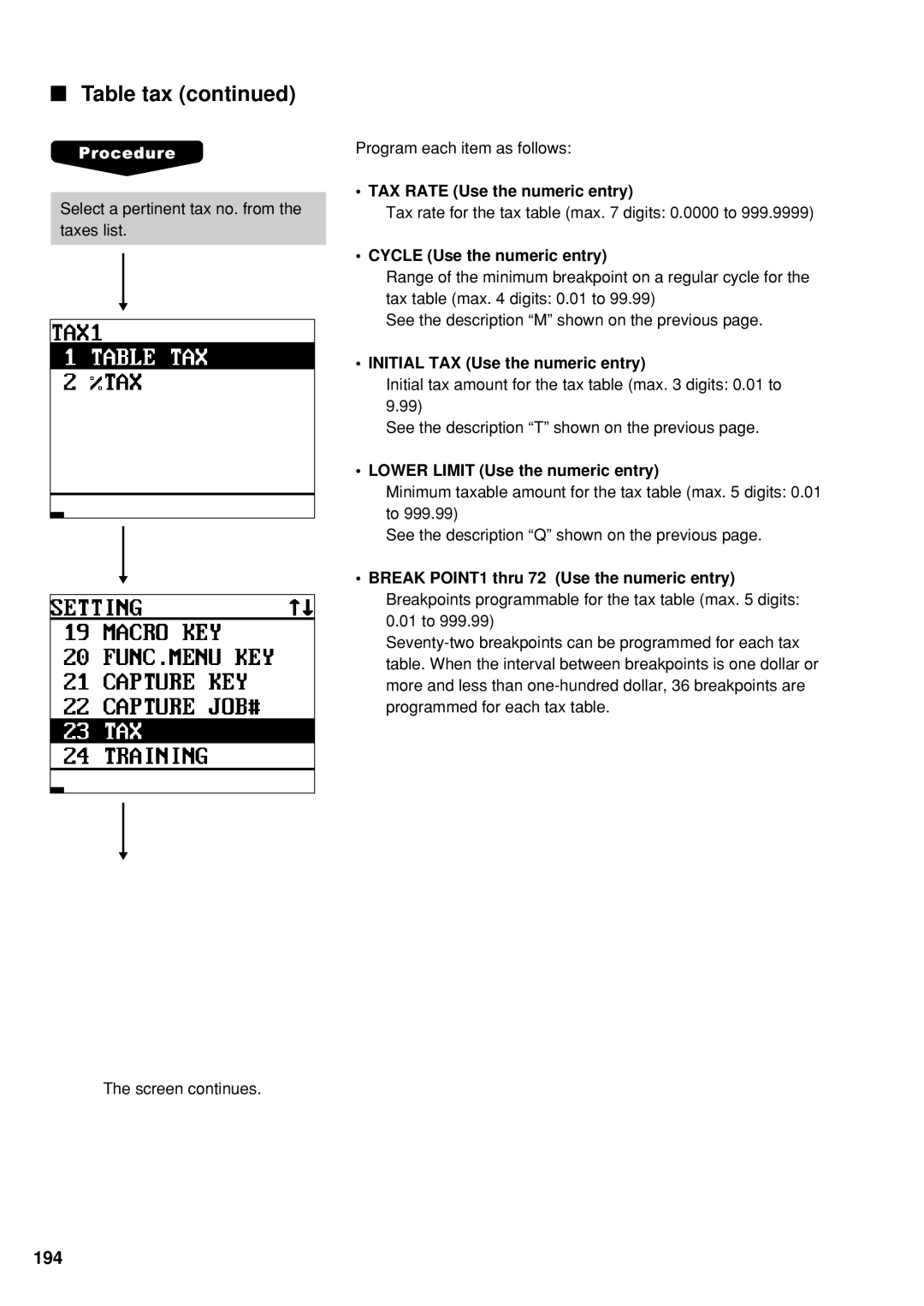 Sharp UP-600 TAX Rate Use the numeric entry, Cycle Use the numeric entry, Initial TAX Use the numeric entry 