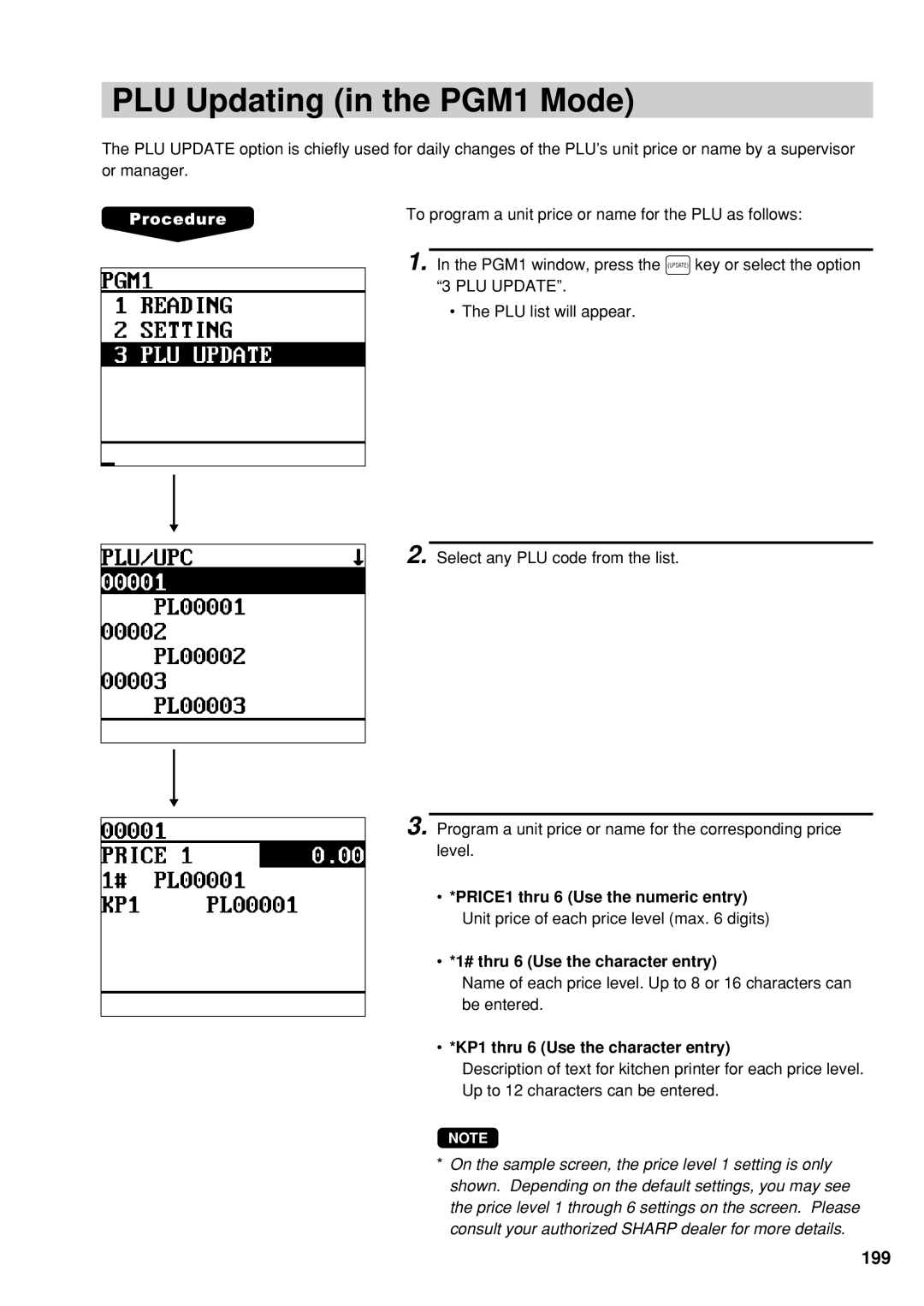 Sharp UP-600 instruction manual PLU Updating in the PGM1 Mode, KP1 thru 6 Use the character entry 