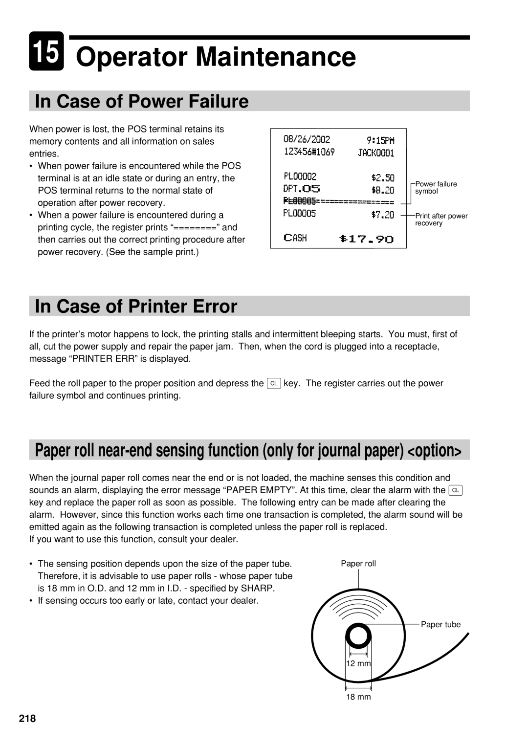 Sharp UP-600 instruction manual Case of Power Failure, Case of Printer Error 