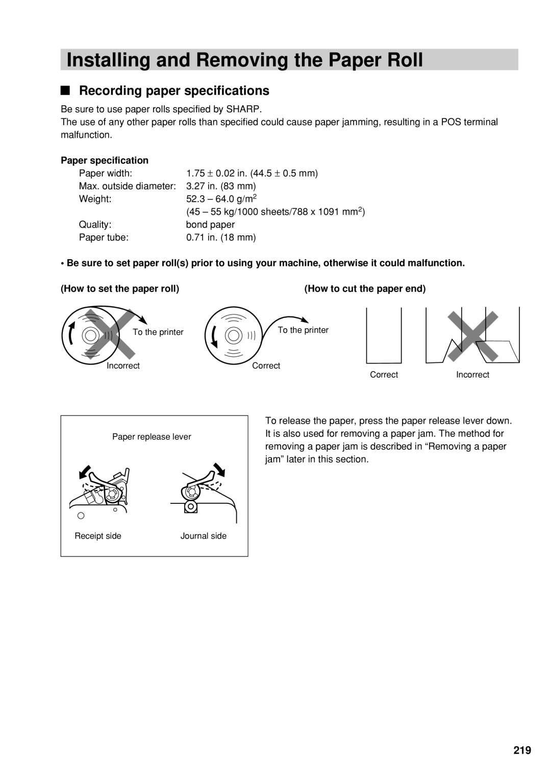 Sharp UP-600 instruction manual Installing and Removing the Paper Roll, Recording paper specifications, Paper specification 