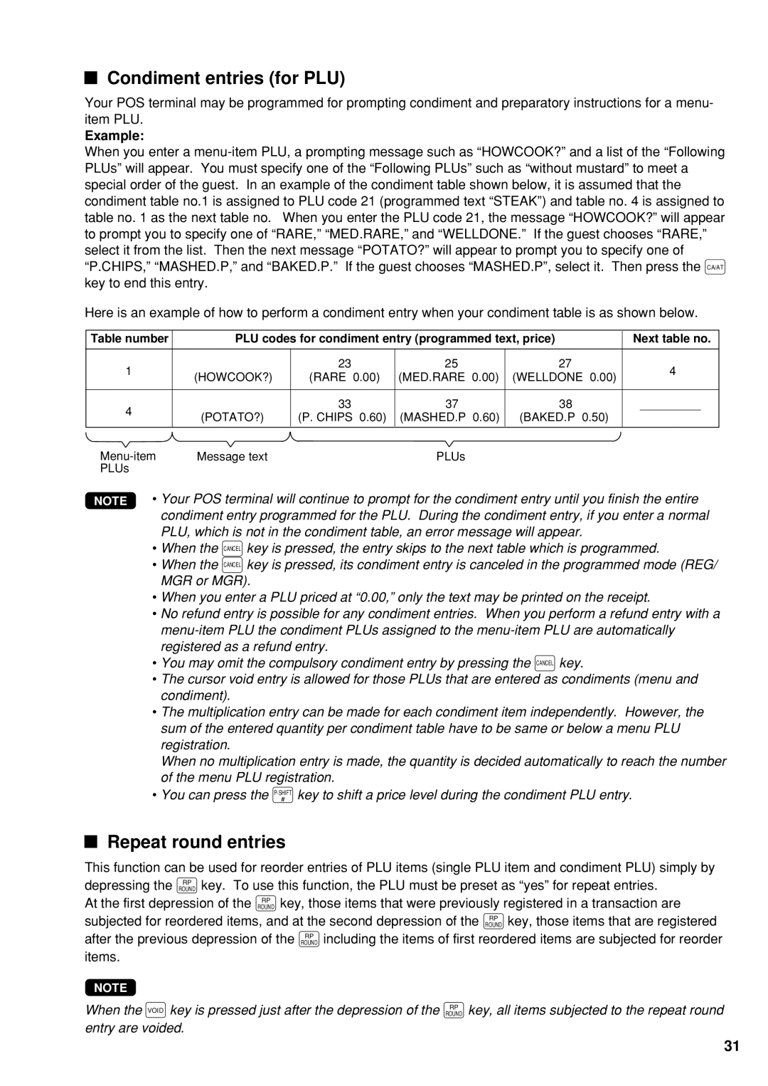 Sharp UP-600 instruction manual Condiment entries for PLU, Repeat round entries, Example 