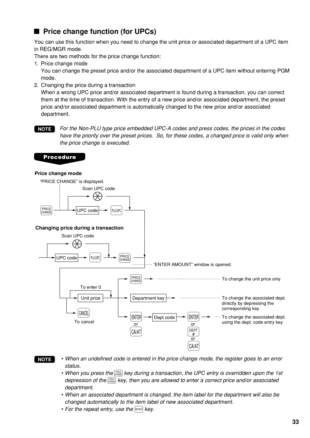 Sharp UP-600 instruction manual Price change function for UPCs, Changing price during a transaction 