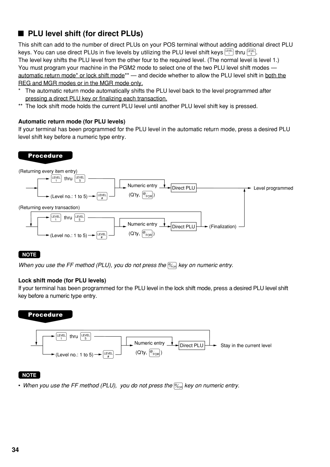 Sharp UP-600 PLU level shift for direct PLUs, Automatic return mode for PLU levels, Lock shift mode for PLU levels 