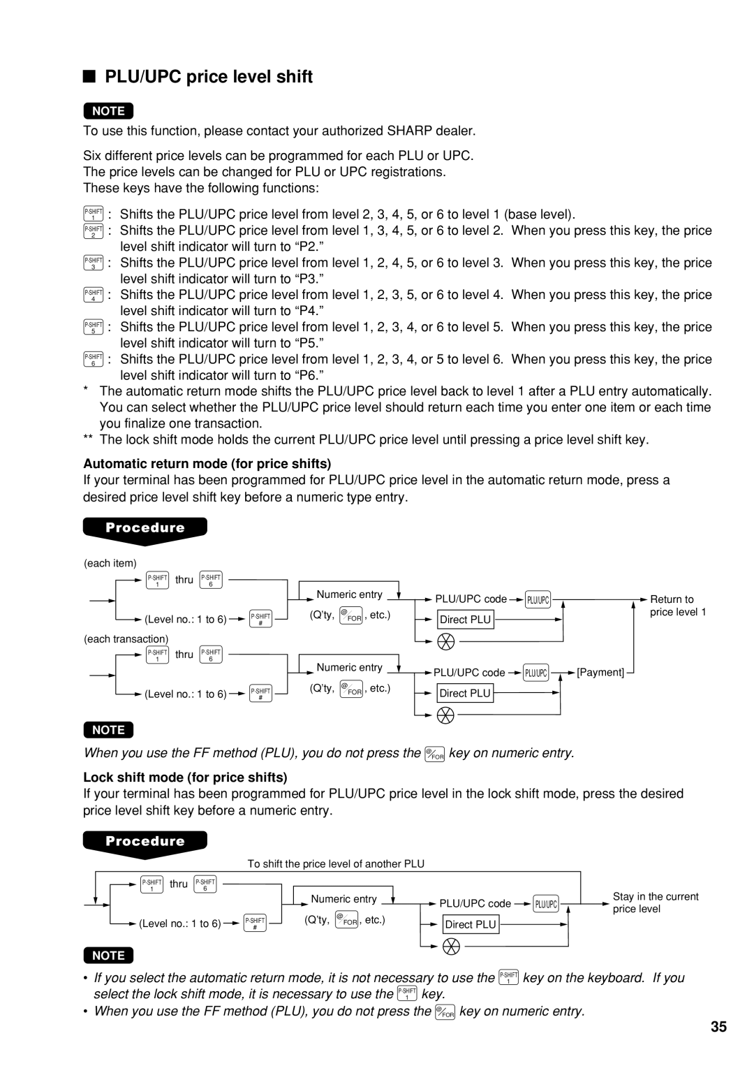 Sharp UP-600 PLU/UPC price level shift, Automatic return mode for price shifts, Lock shift mode for price shifts 