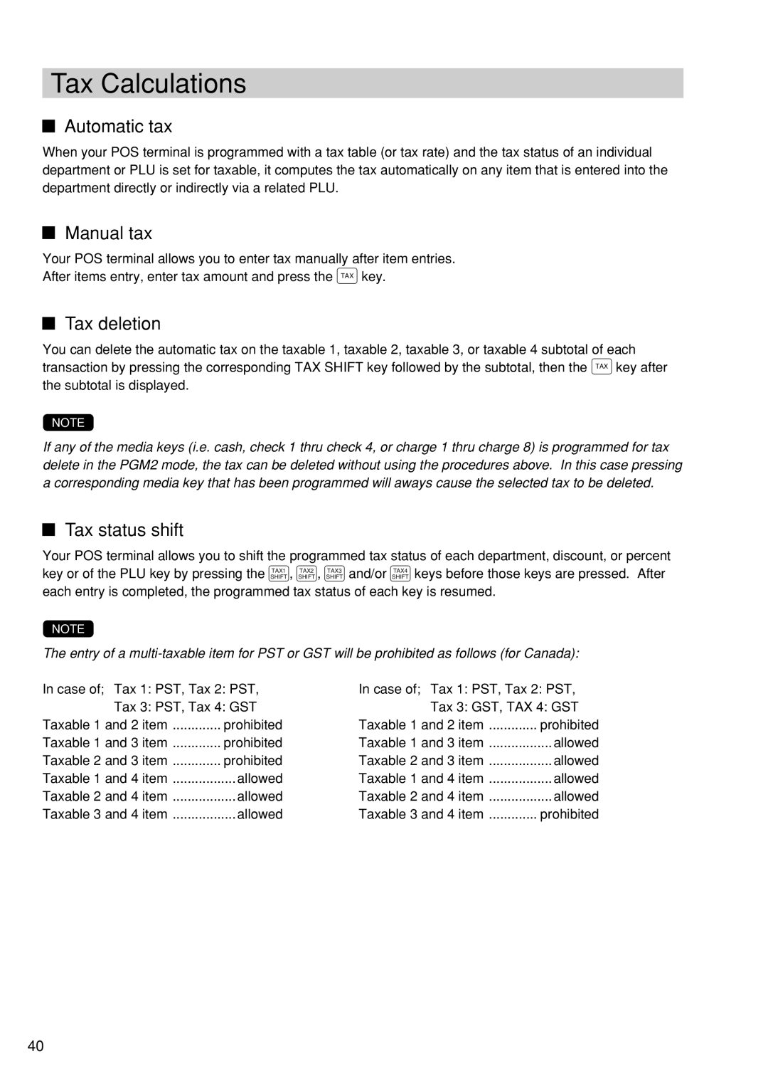 Sharp UP-600 instruction manual Tax Calculations, Automatic tax, Manual tax, Tax deletion, Tax status shift 