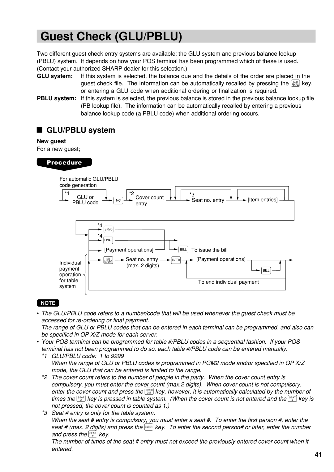 Sharp UP-600 instruction manual Guest Check GLU/PBLU, GLU/PBLU system, New guest 