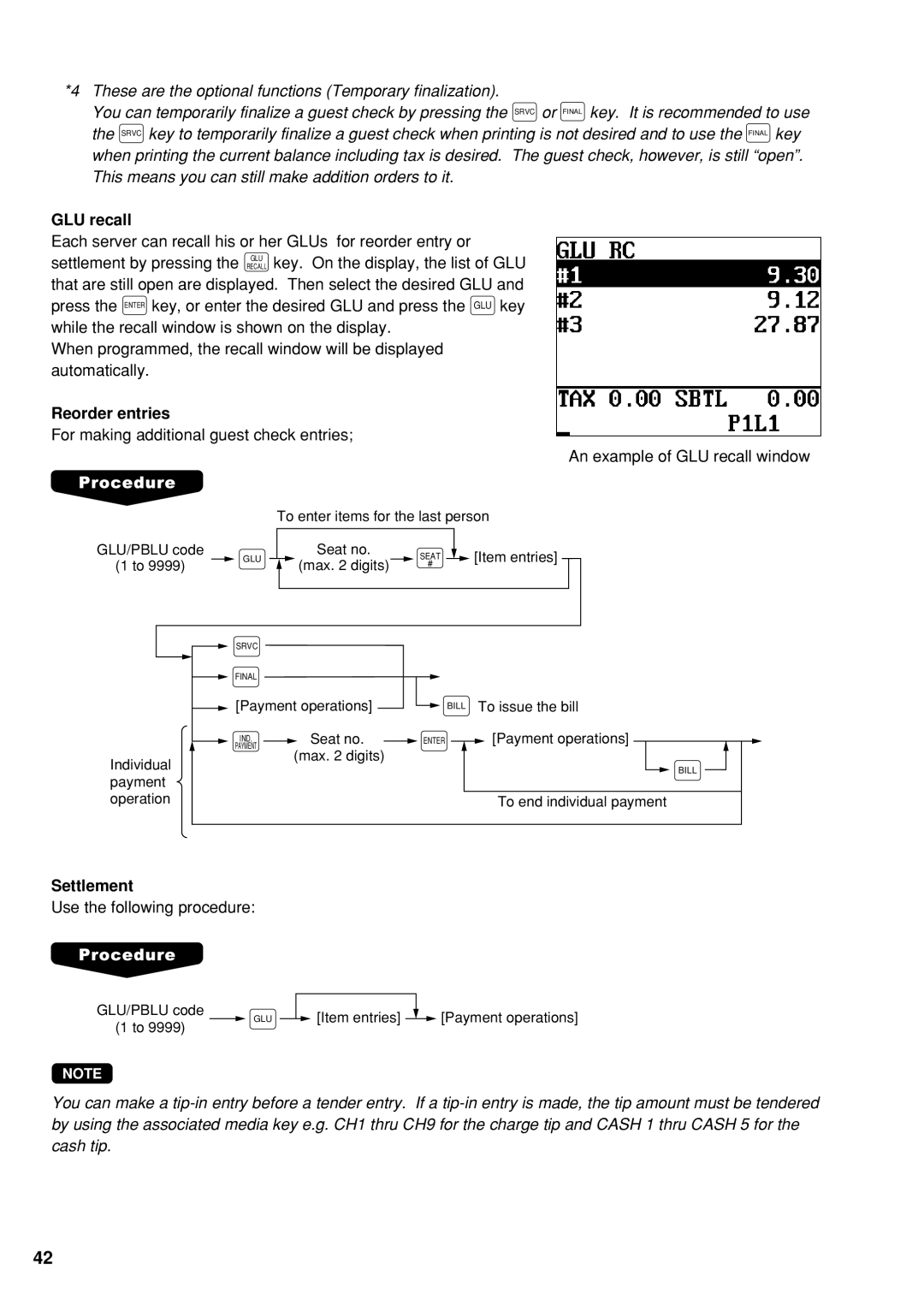 Sharp UP-600 instruction manual GLU recall, Reorder entries, Settlement 