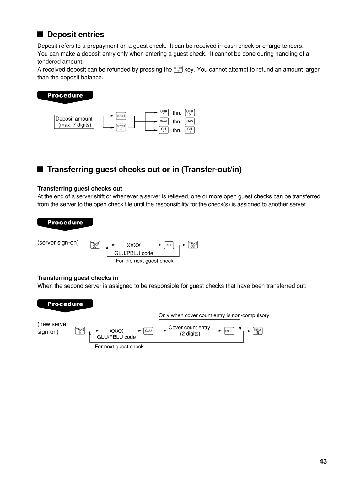 Sharp UP-600 instruction manual Deposit entries, Transferring guest checks out or in Transfer-out/in 