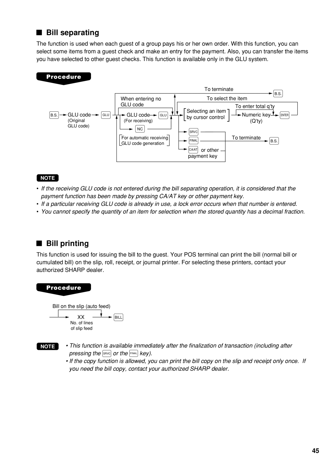 Sharp UP-600 instruction manual Bill separating, Bill printing 