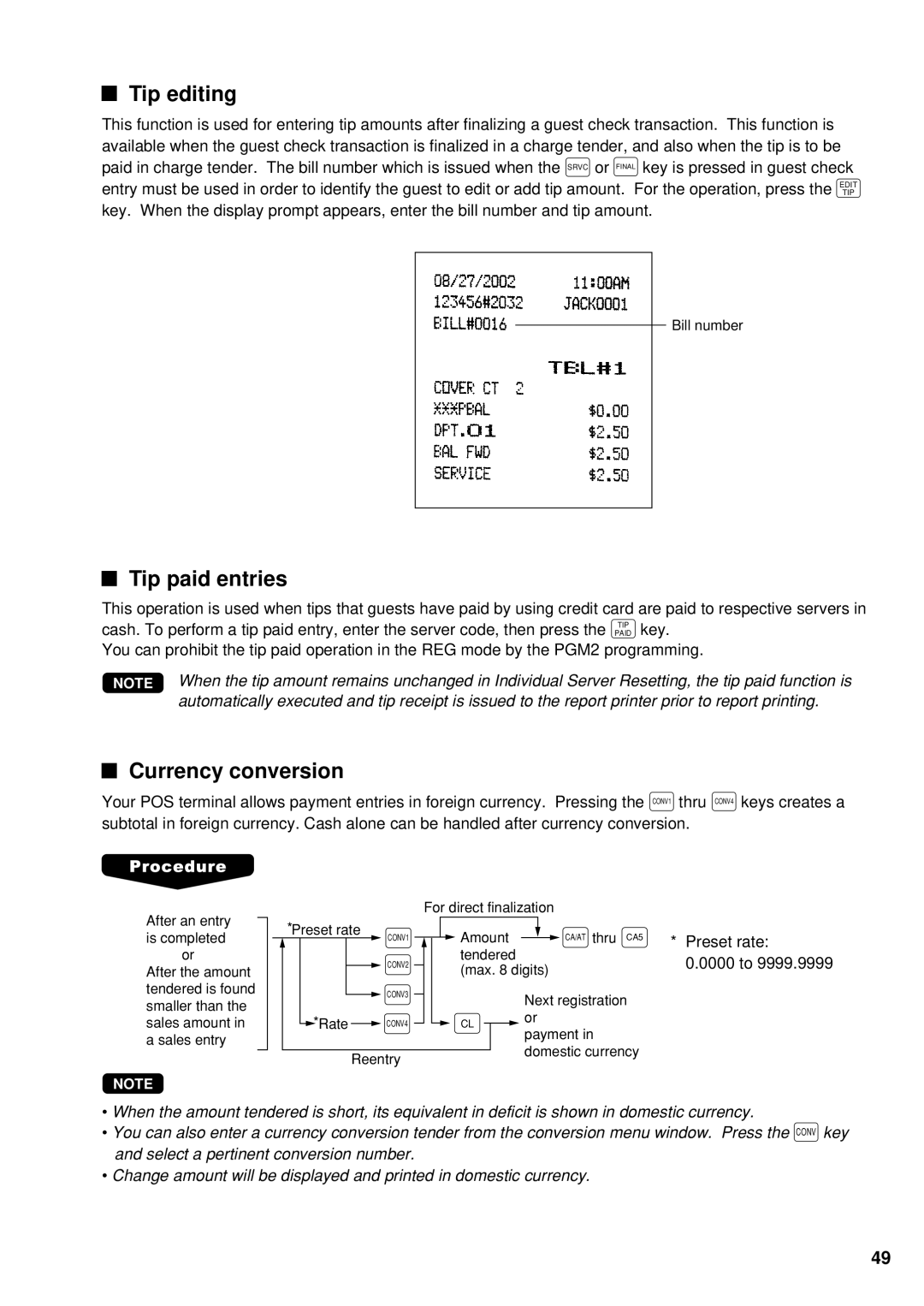 Sharp UP-600 instruction manual Tip editing, Tip paid entries, Currency conversion 