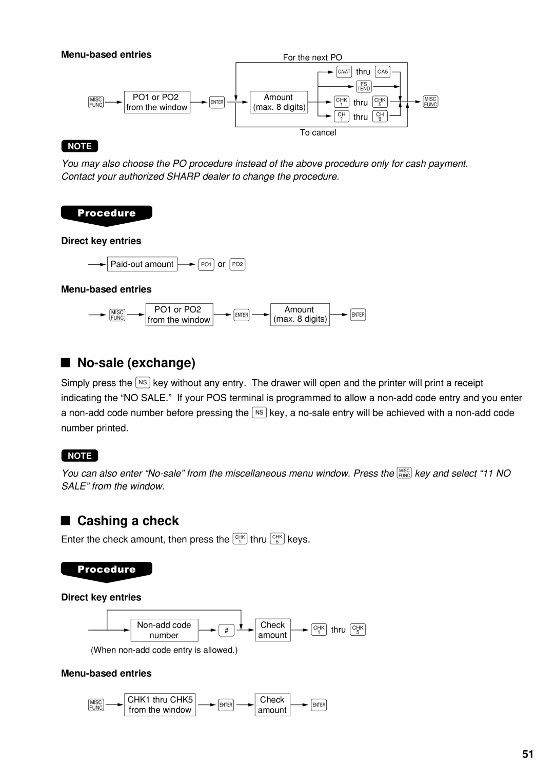 Sharp UP-600 instruction manual No-sale exchange, Cashing a check 