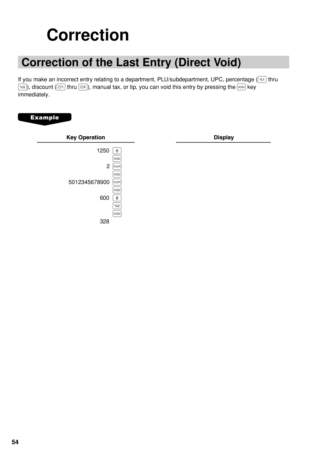 Sharp UP-600 instruction manual Correction of the Last Entry Direct Void 