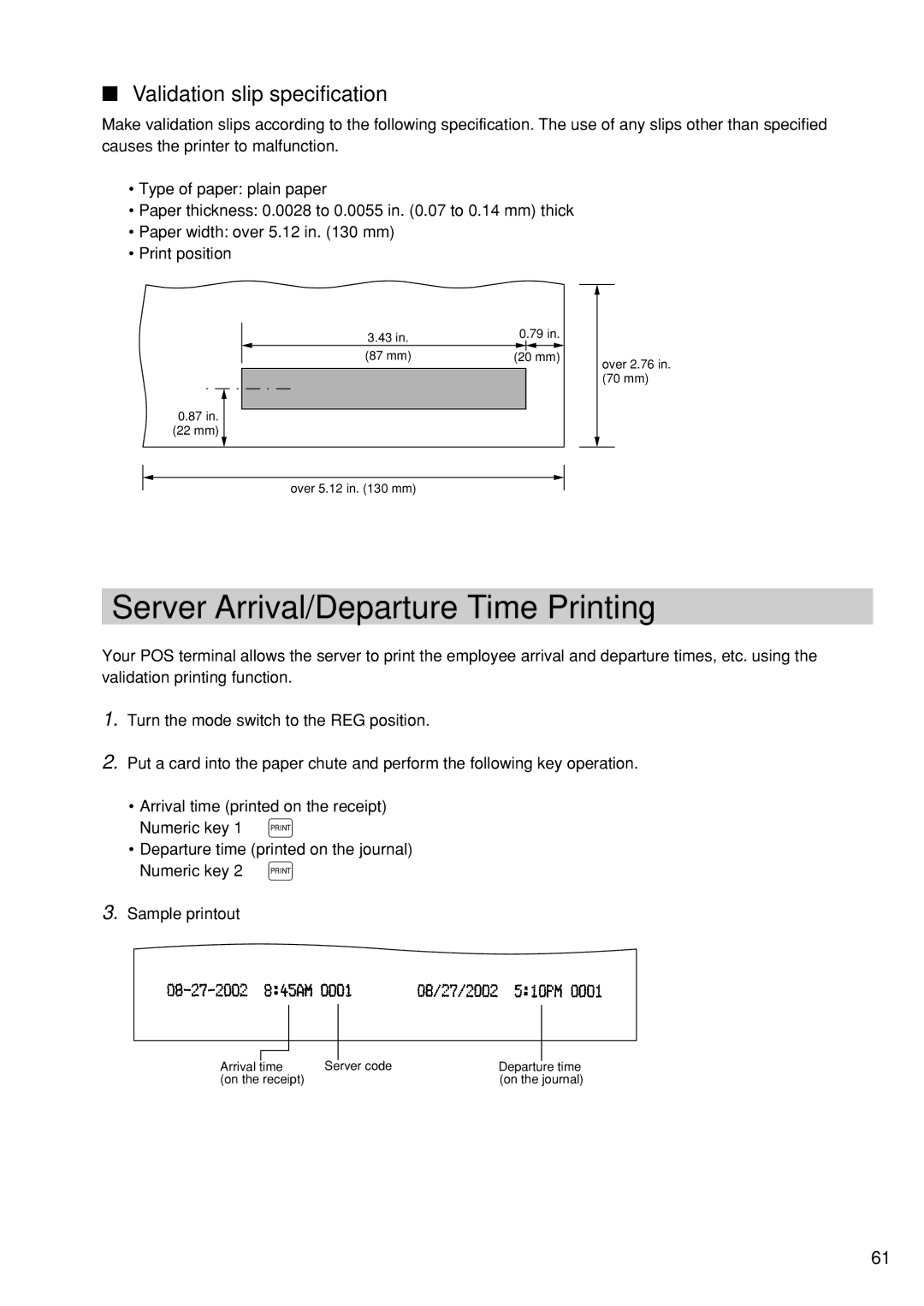 Sharp UP-600 instruction manual Server Arrival/Departure Time Printing, Validation slip specification 