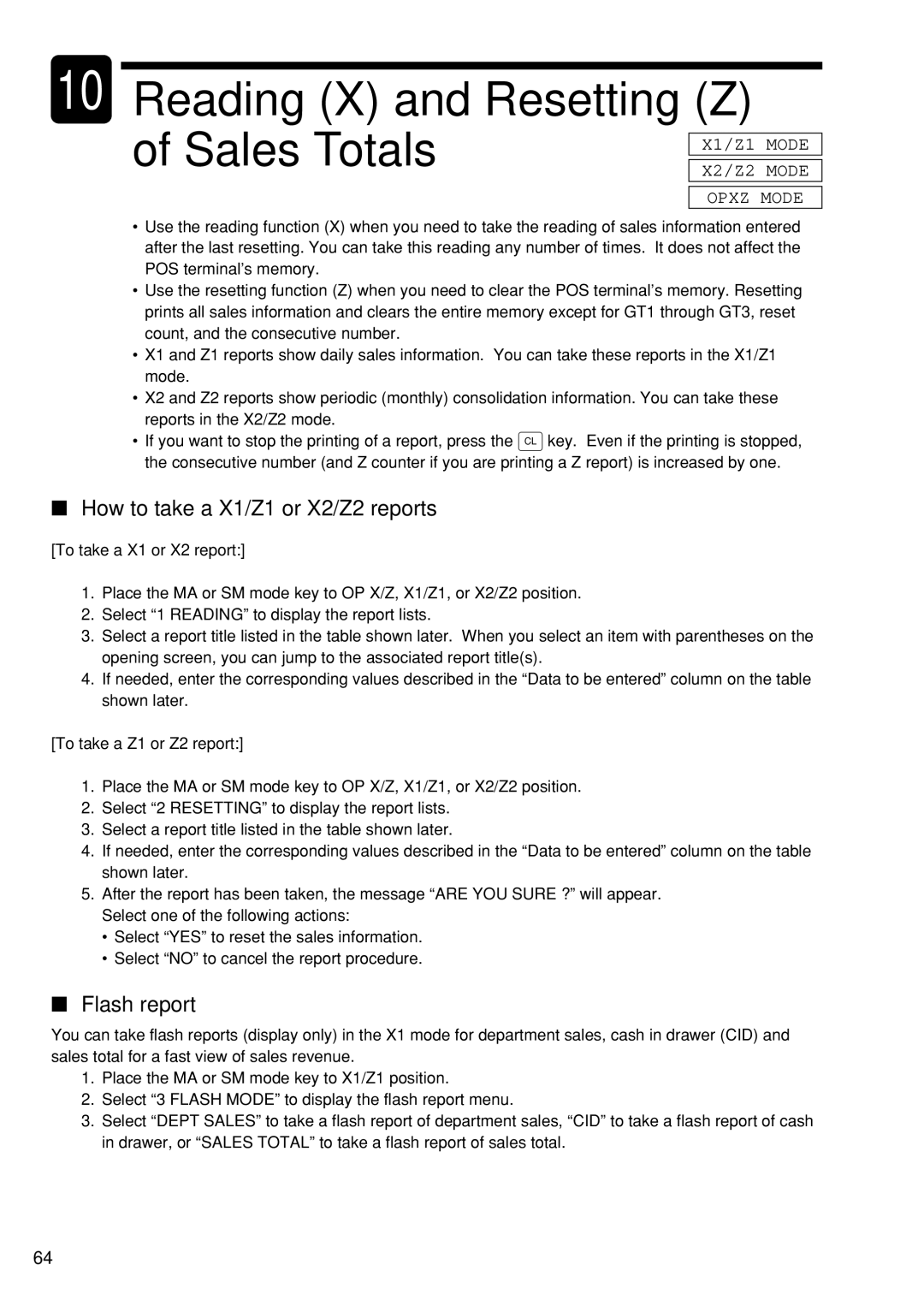 Sharp UP-600 How to take a X1/Z1 or X2/Z2 reports, Flash report, To take a X1 or X2 report, To take a Z1 or Z2 report 