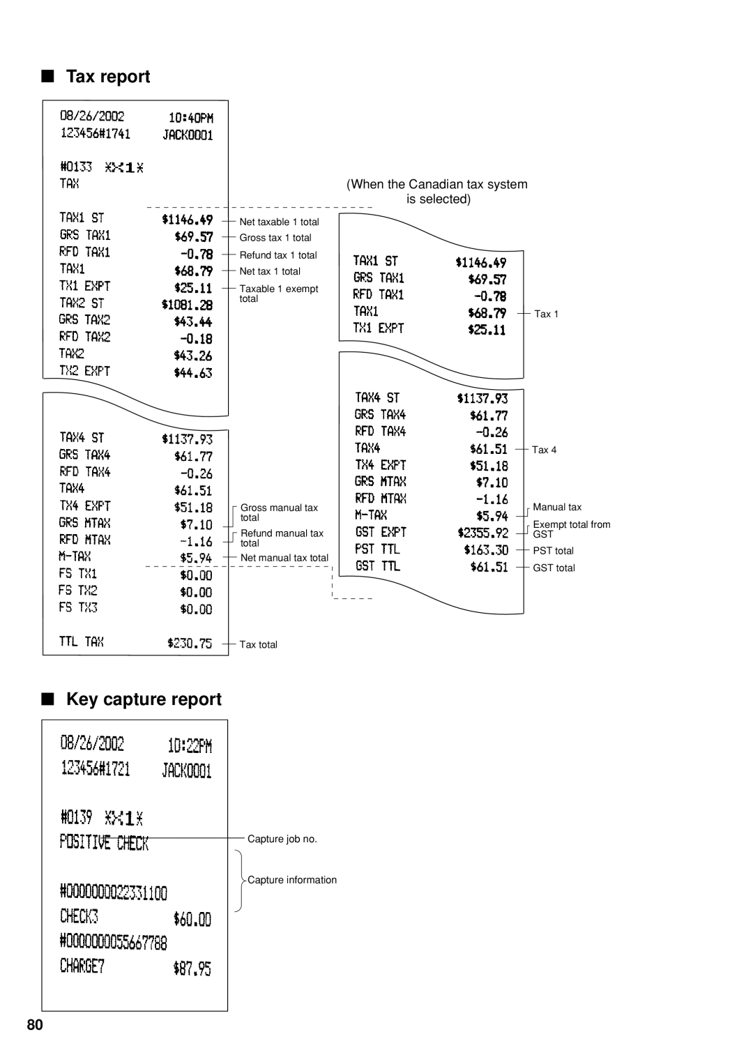 Sharp UP-600 instruction manual Tax report, Key capture report 