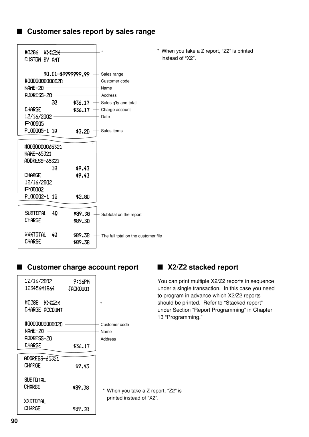 Sharp UP-600 instruction manual Customer sales report by sales range, Customer charge account report, X2/Z2 stacked report 