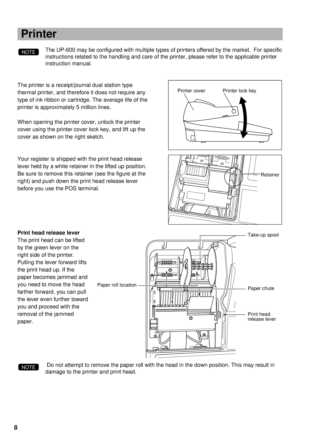 Sharp UP-600 instruction manual Printer, Print head release lever 