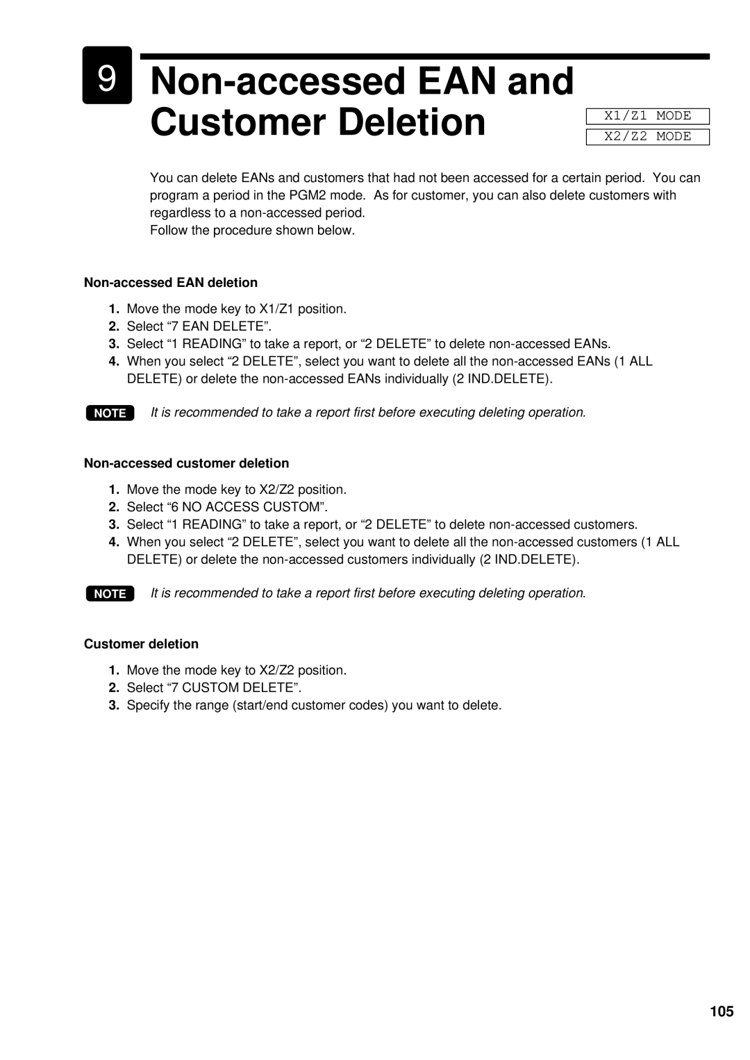 Sharp UP-600 Non-accessed EAN and Customer Deletion, 105, Non-accessed EAN deletion, Non-accessed customer deletion 