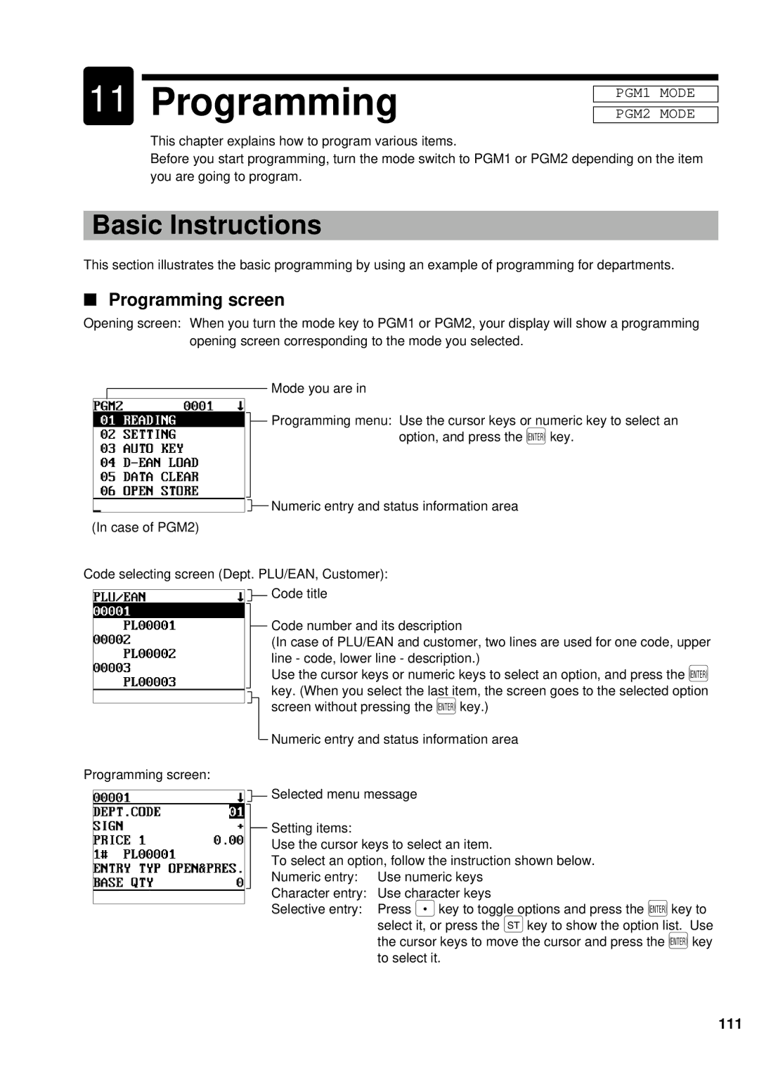 Sharp UP-600 instruction manual Basic Instructions, Programming screen, 111 