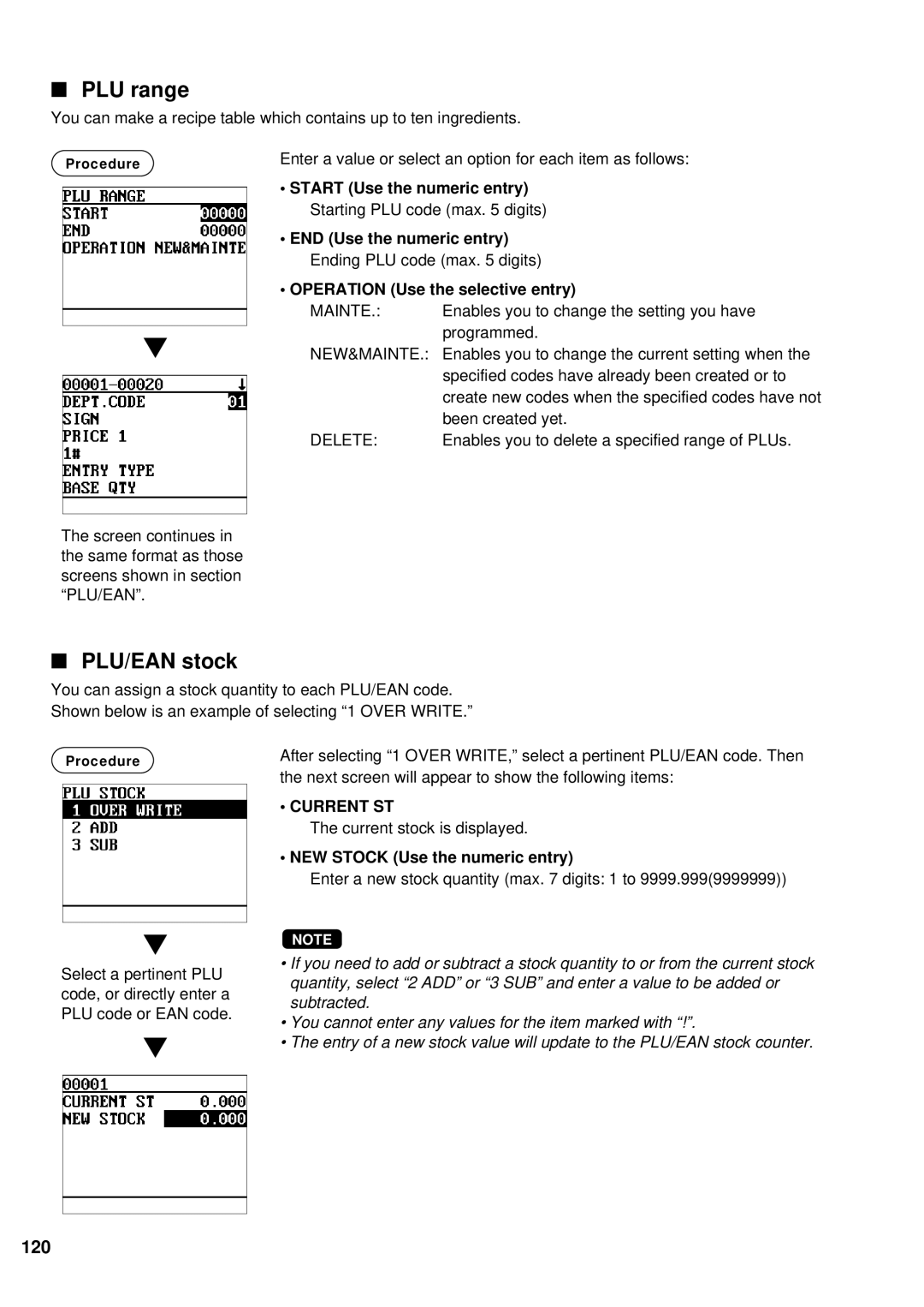 Sharp UP-600 instruction manual PLU range, PLU/EAN stock, 120, NEW Stock Use the numeric entry 