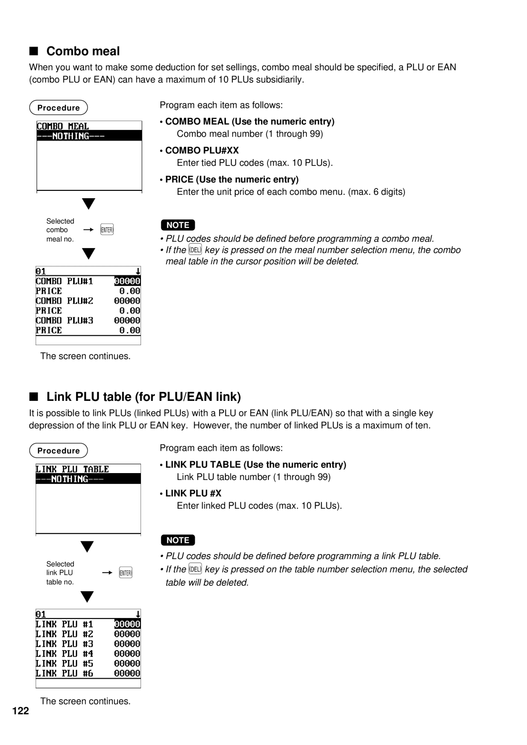 Sharp UP-600 instruction manual Combo meal, Link PLU table for PLU/EAN link, 122, Combo Meal Use the numeric entry 