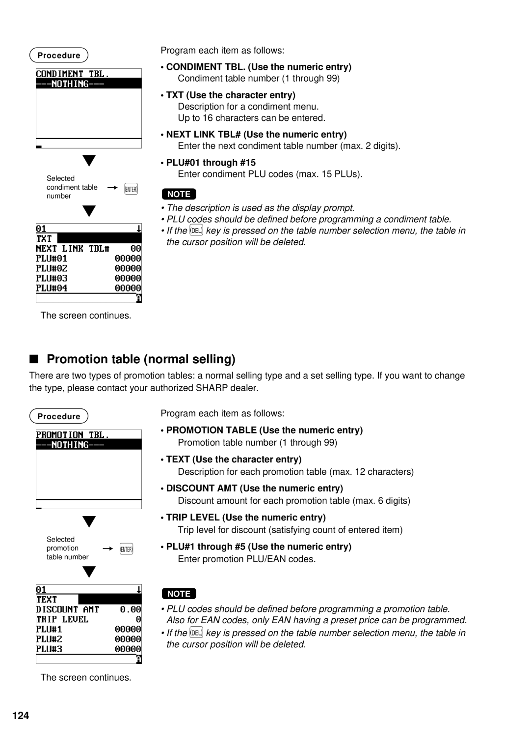 Sharp UP-600 instruction manual Promotion table normal selling, 124 