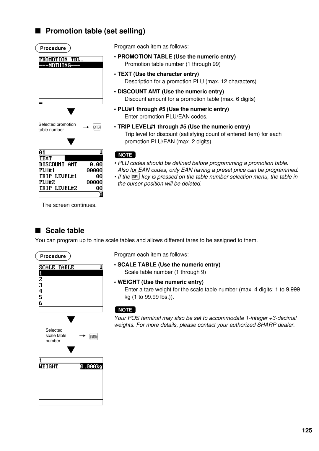 Sharp UP-600 Promotion table set selling, Scale table, 125, Trip LEVEL#1 through #5 Use the numeric entry 