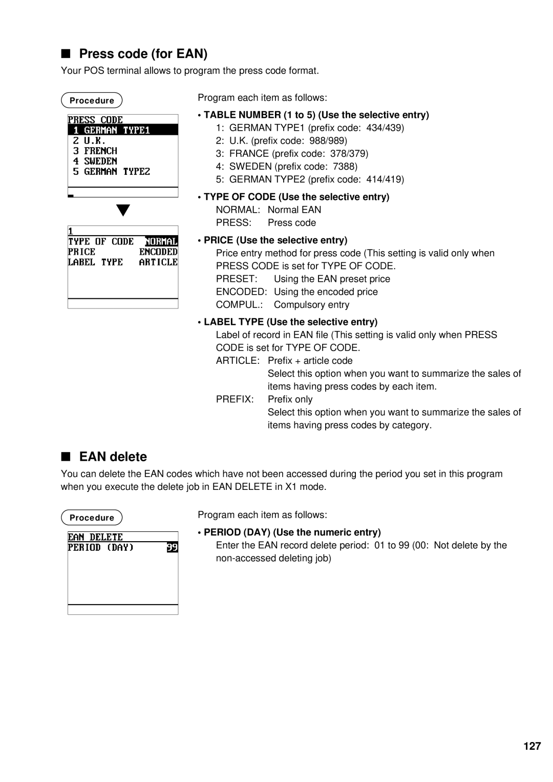 Sharp UP-600 instruction manual Press code for EAN, EAN delete, 127 